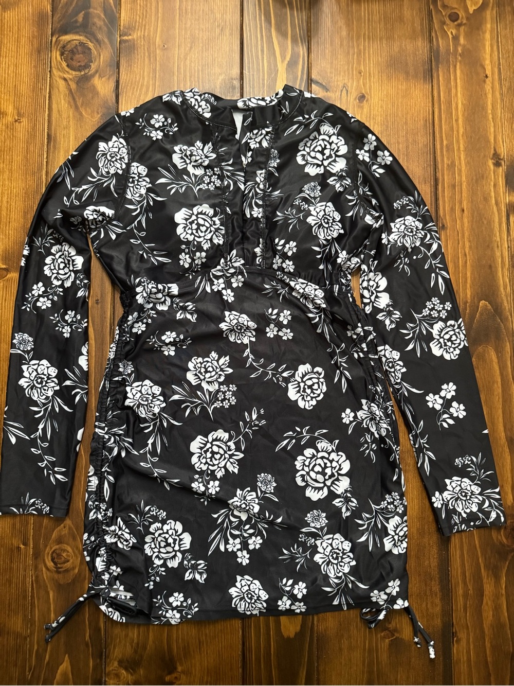 Black Floral Long-Sleeve Swim Coverup